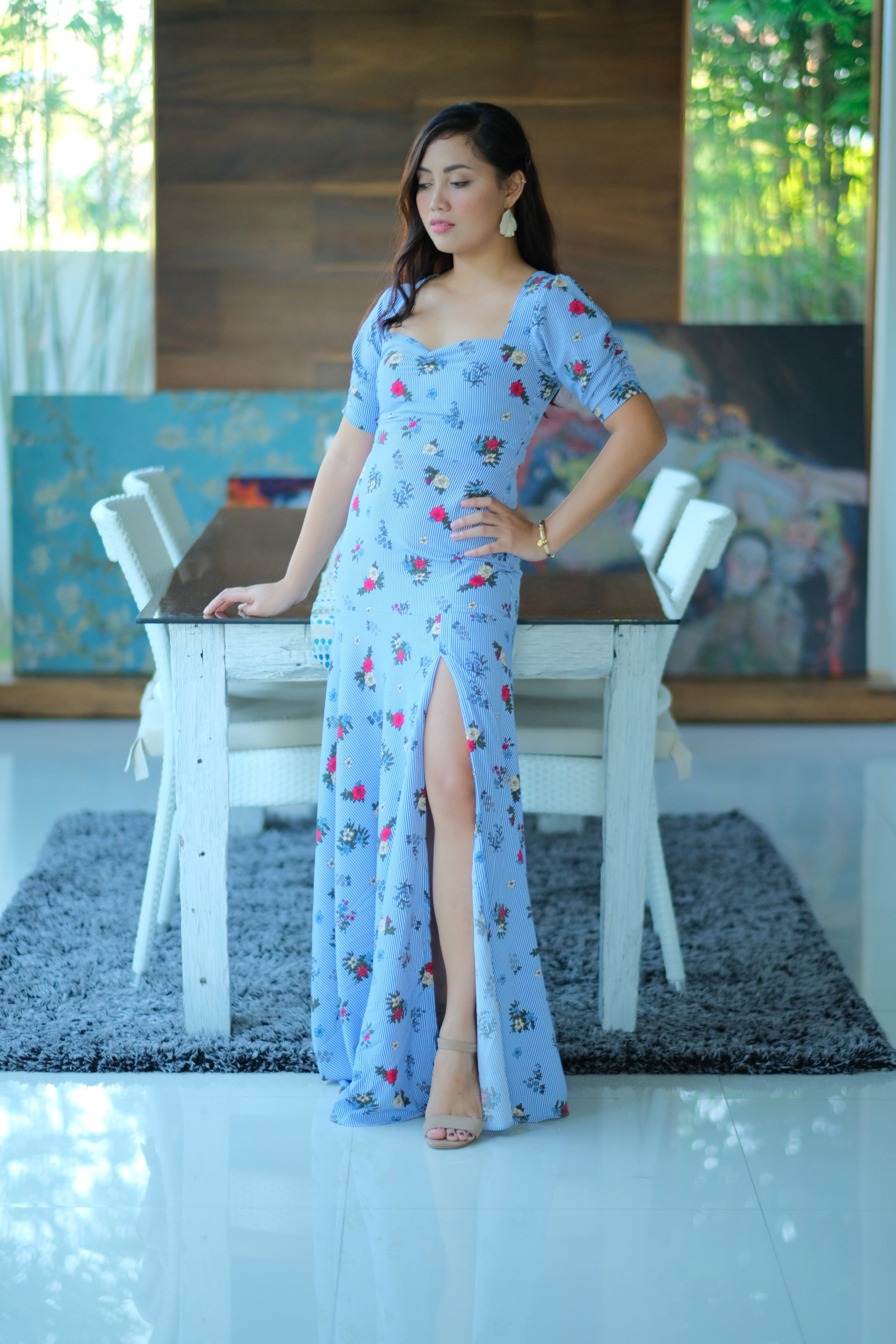 Jasmine Maxi Dress in Floral Stripes Blue